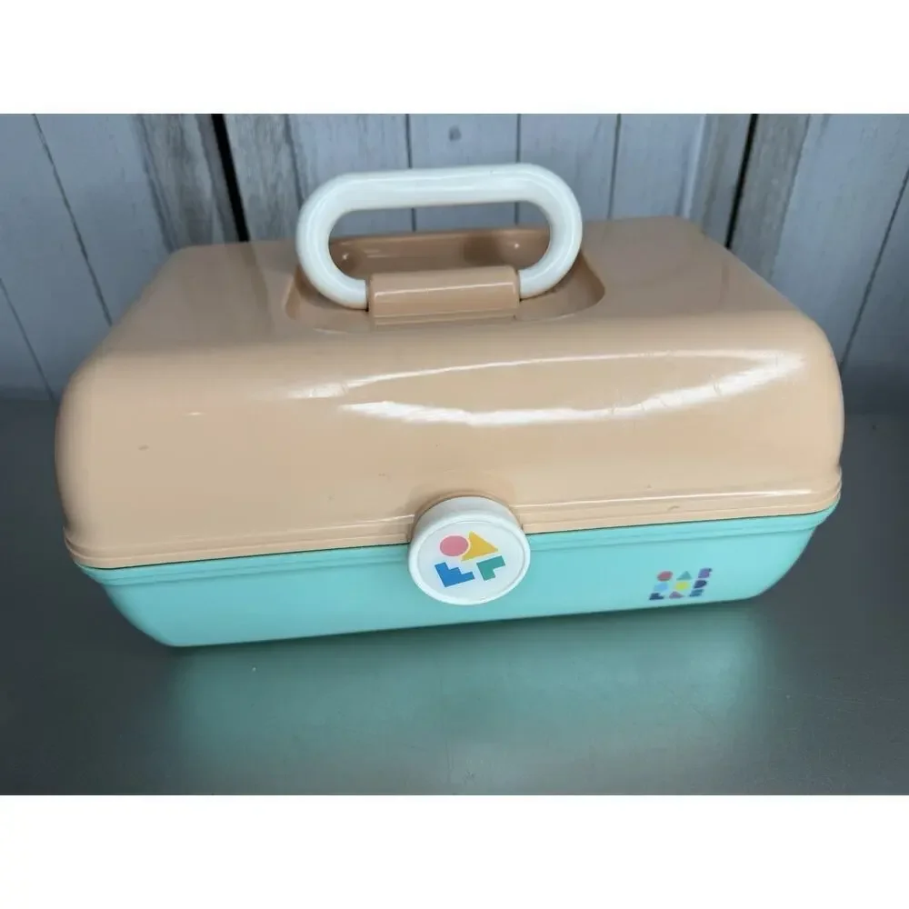 Vintage Y2K Caboodle Makeup Case USA Organizer Peach Teal Two Tier & Mirror